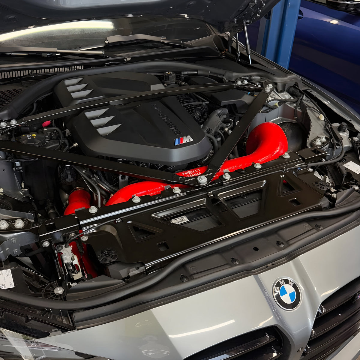 BMW M3 / M4 / M2 S58 Silicone Intakes & Filters – Red, Installed