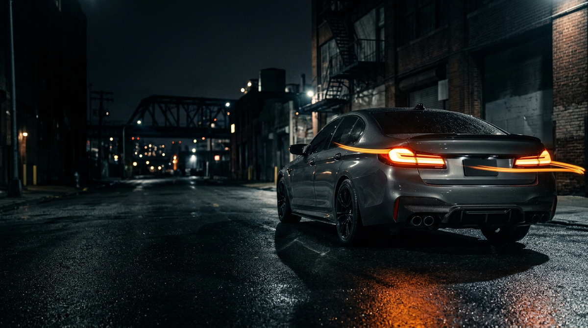 Dark European performance sedan with glowing amber sequential LED tail lights on wet asphalt at night
